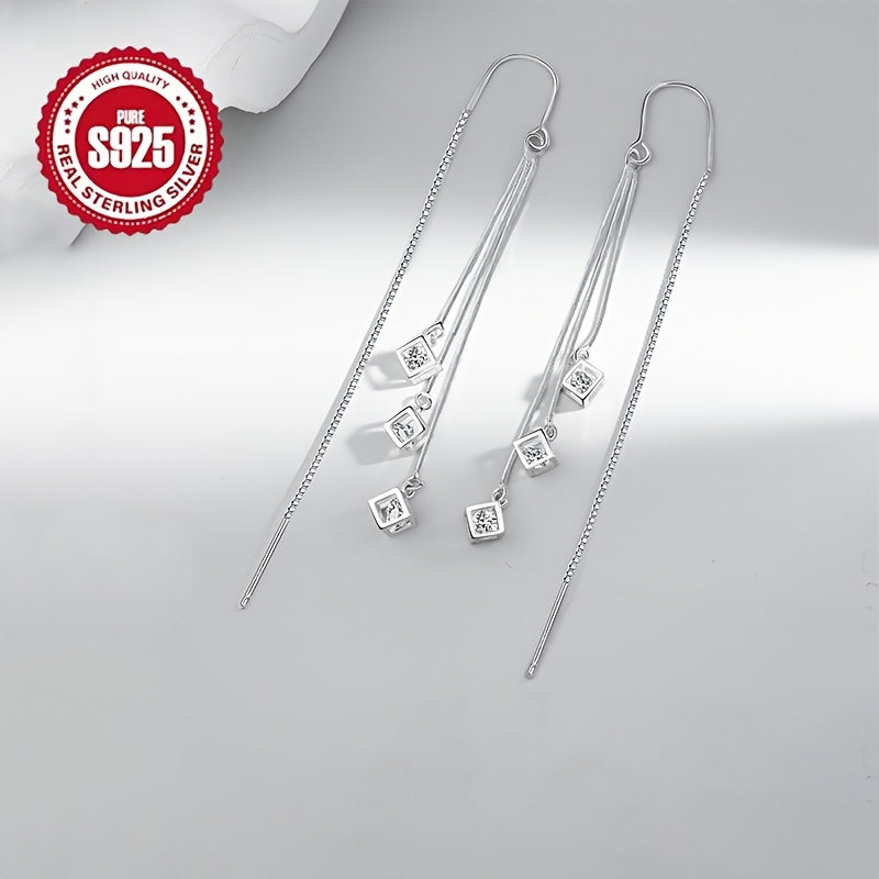 A set of women's fashion stud earrings, featuring long tassels and square hooks, perfect for a summer seaside wedding. Made of hypoallergenic 925 silver, these lightweight earrings are suitable for daily wear, wedding banquets, seaside vacations