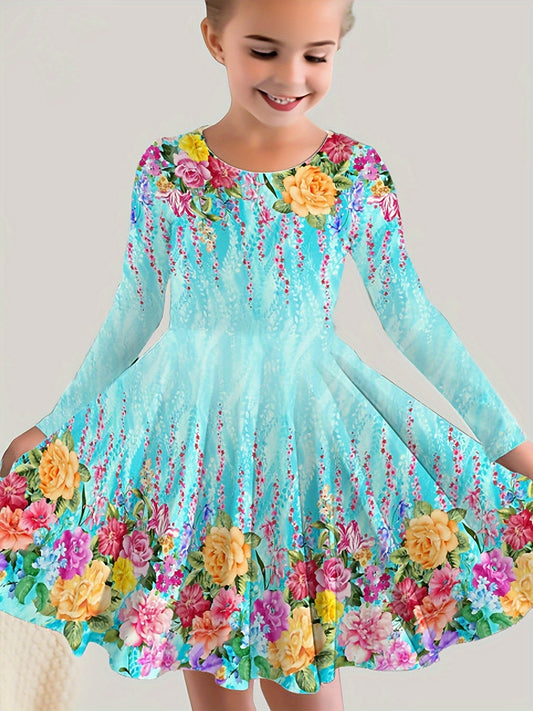 Stylish girls' long sleeve dress with bright floral print - made of stretchy, machine washable polyester for fall/winter.