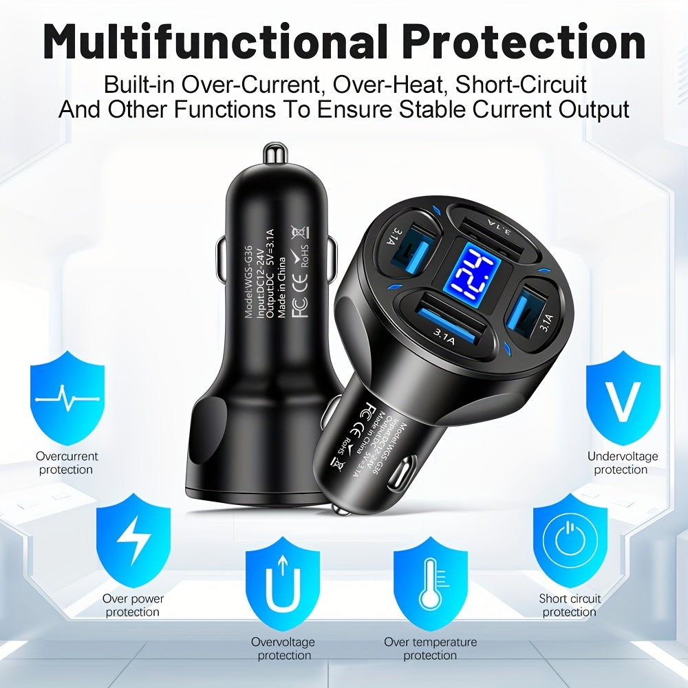 4-in-1 USB car charger with 3.1A fast charging across 4 ports.