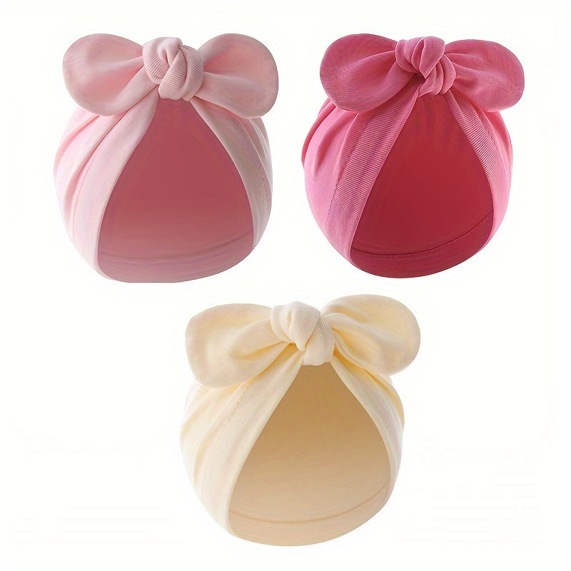 Three-pack of cotton baby turban hats with bow, suitable for newborns to 3 years old. Hand washable and lightweight, perfect for birthdays and fantasy themes.