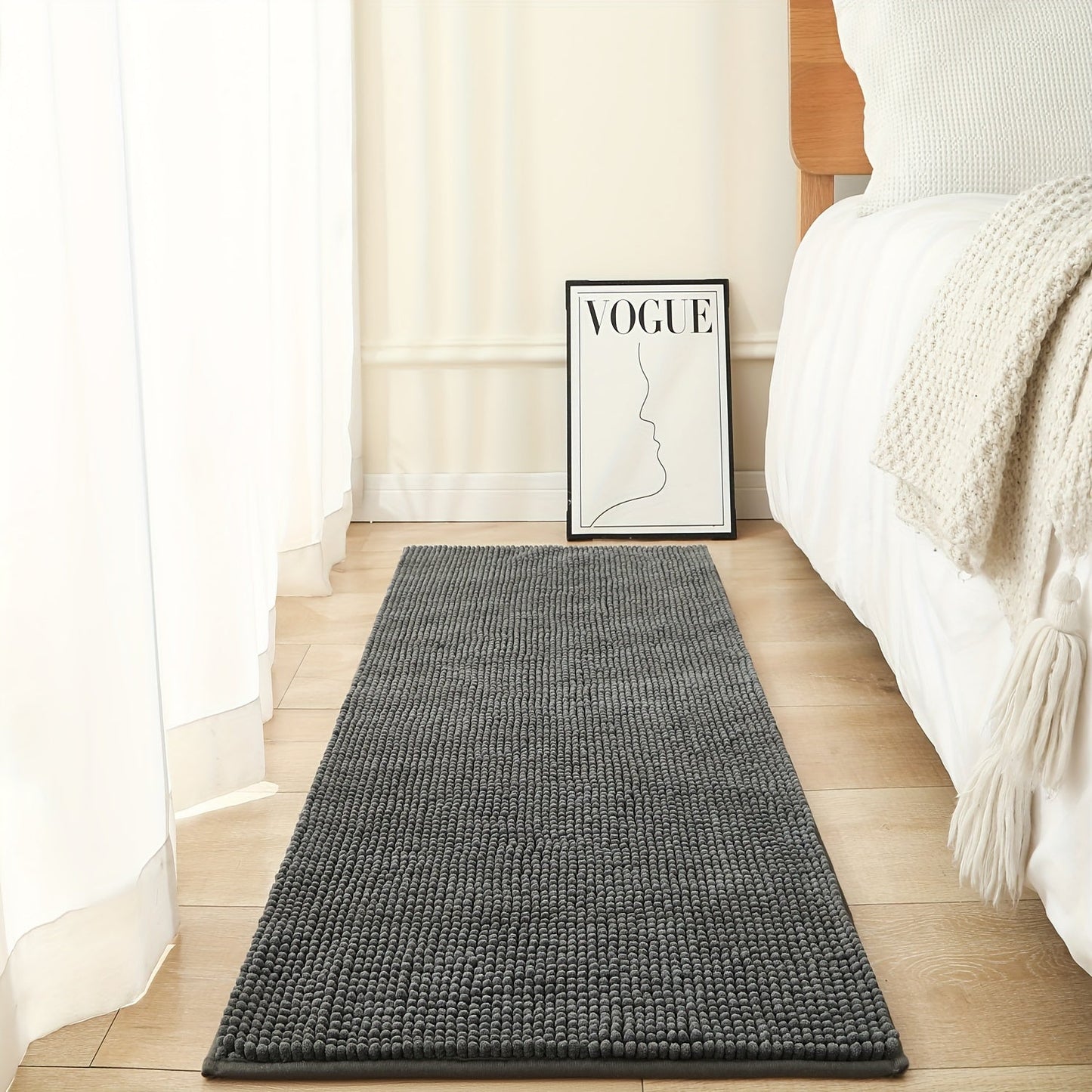 Get this luxurious Chenille Bath Mat, 2cm Thick, with a non-slip, super absorbent, quick-dry design. Made of woven polyester with rubber backing, this mat weighs 1450gsm and is perfect for the bathroom, kitchen, bedroom, or entryway. It also makes a