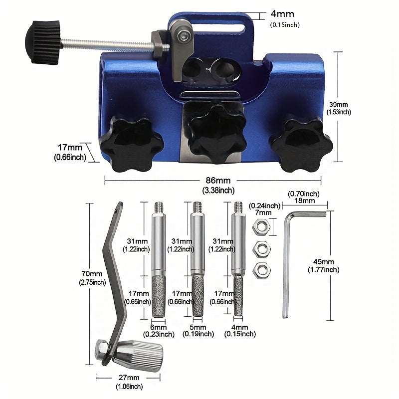 Handheld chainsaw sharpening fixture kit with 3 grinding heads and carrying bag for DIY lumberjacks.