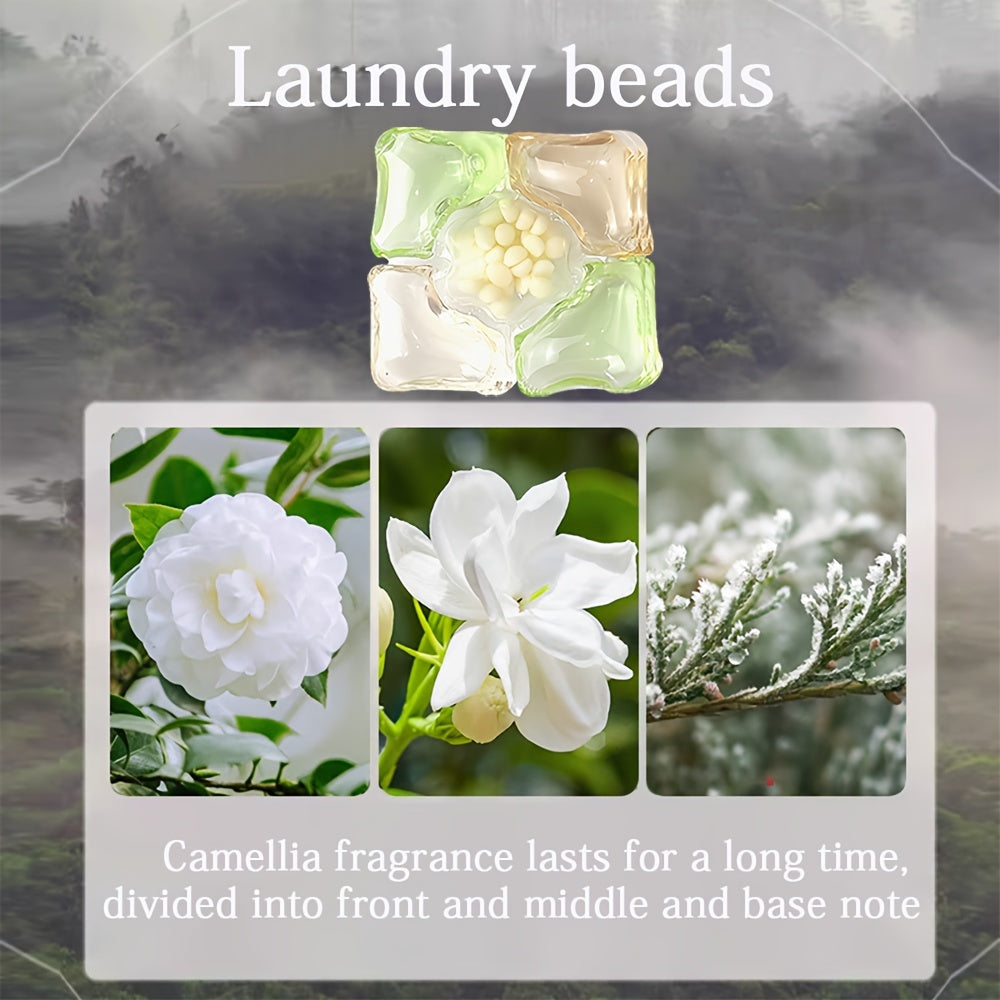 Camellia Fragrance Laundry Beads - 60 Pack. Enjoy long-lasting scent with 5-in-1 benefits: deep clean, softener, pH neutral, and fabric surface care. Made with liquid formula including sodium lauryl sulfate for effective cleaning. Perfect for home