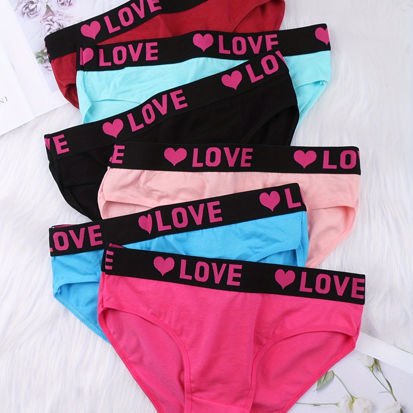 Colorblock low waist bikini panties with letter tape design, breathable and soft for women's lingerie and underwear.