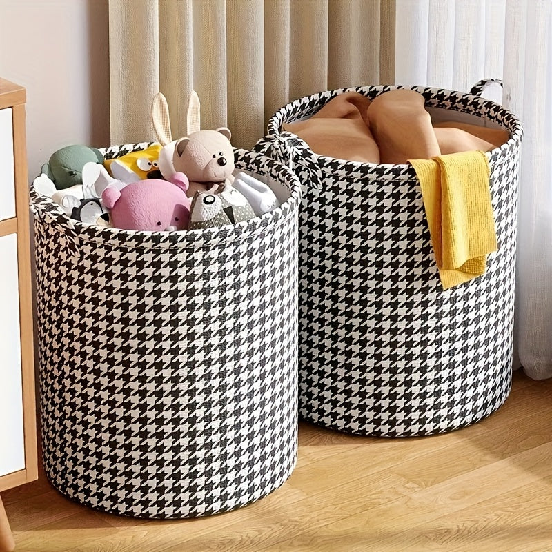 Large-capacity, foldable laundry basket made of non-woven houndstooth fabric. Perfect for organizing clothes and toys, this moisture-proof storage hamper can be used in the bedroom, bathroom, and even for moving and packing purposes.