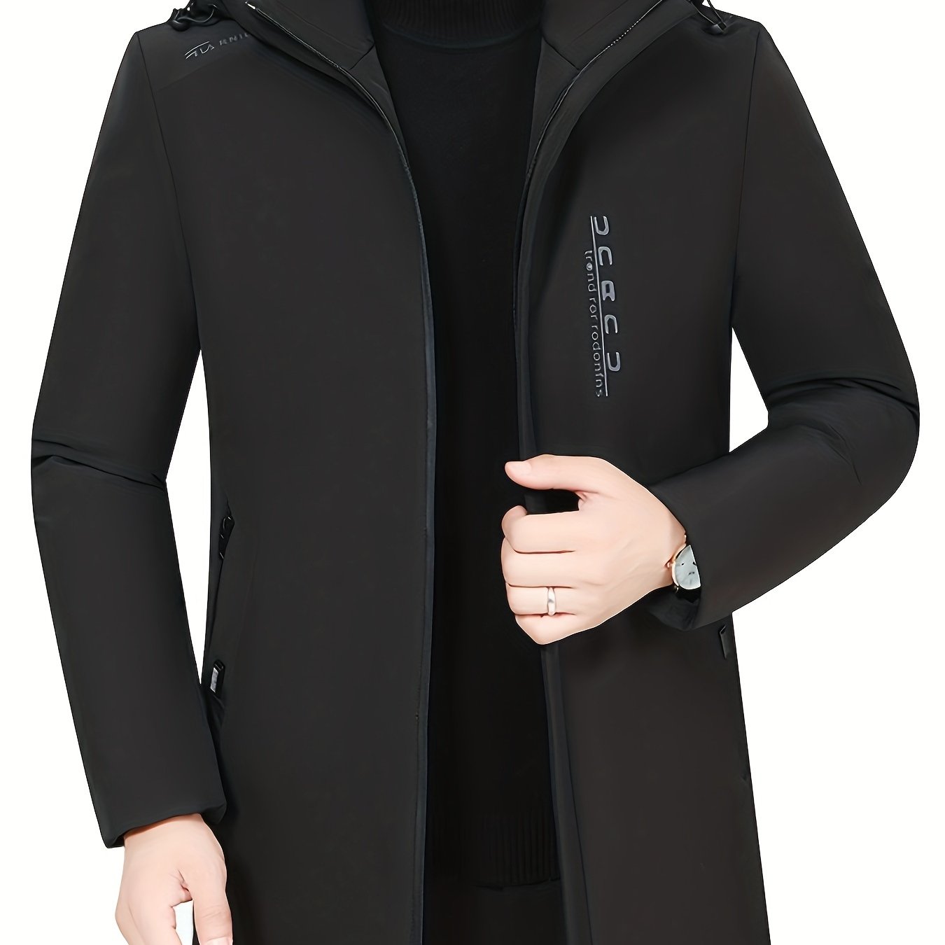 Men's black polyester winter jacket with hood, dual inner pockets, ribbed cuffs, and zipper closure for warmth and style. Suitable for casual cold wear, sleek design with ribbed cuffs.