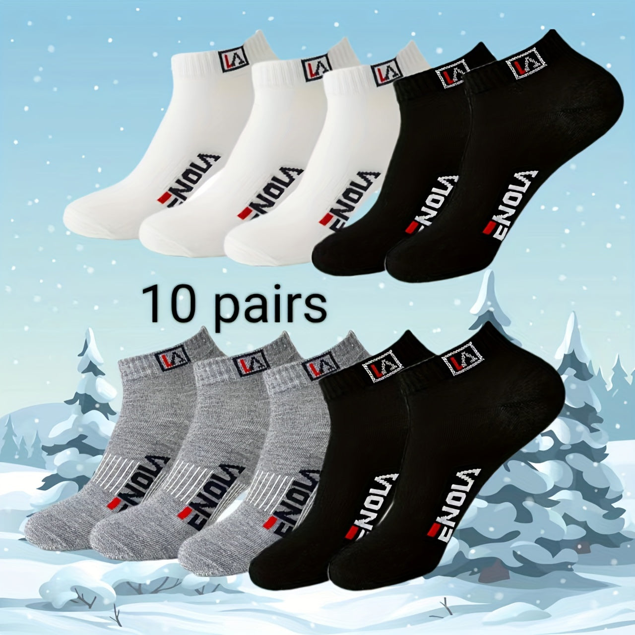 10 pairs of men's casual ankle socks in black, white, and grey with an alphabet pattern, made of 97% polyester and 3% spandex. Knit fabric, hand wash or dry clean only. From the