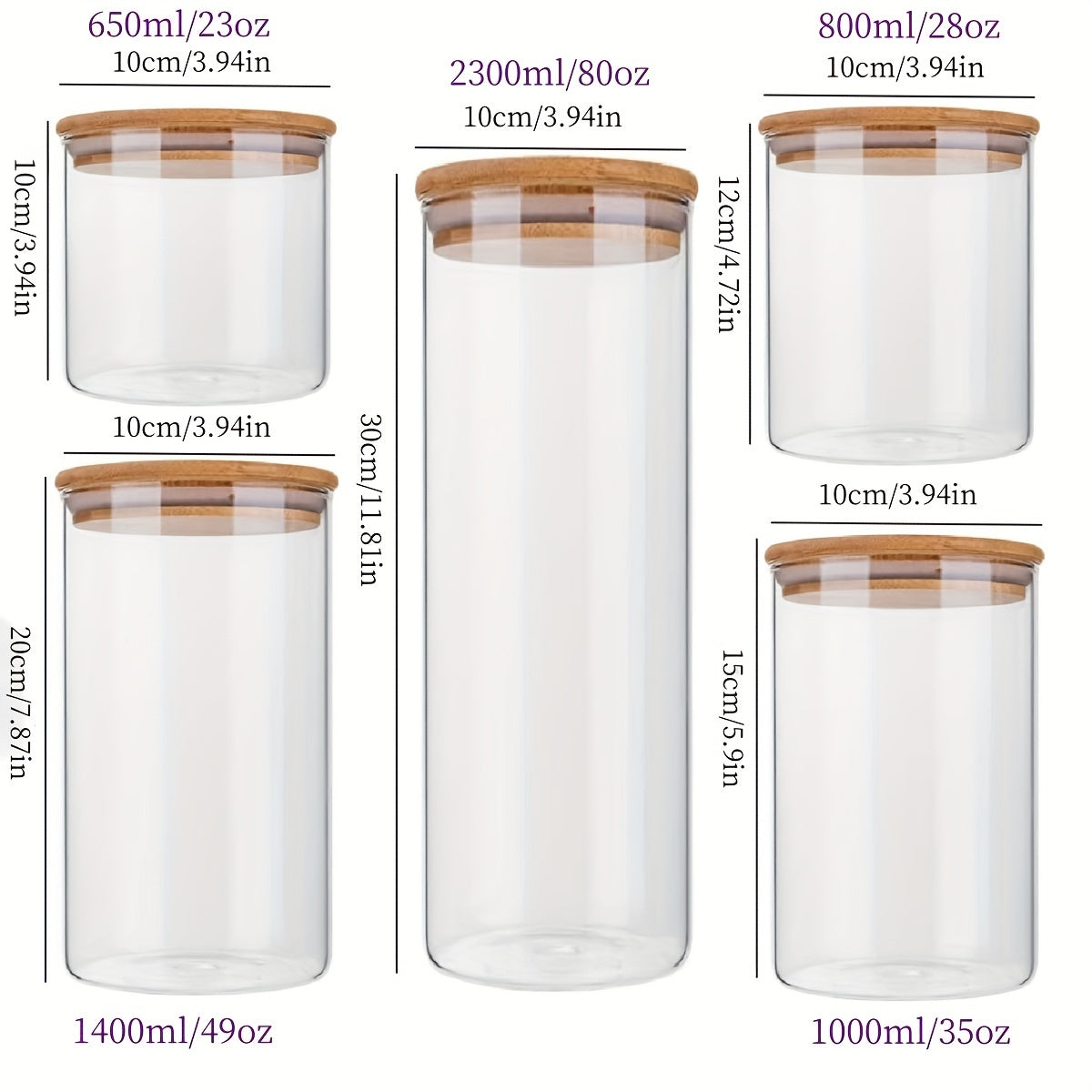 Set of 5 glass food storage jars with bamboo lids, perfect for storing dry goods such as pasta, tea, and nuts. These airtight kitchen canisters are made from high borosilicate glass with a large capacity. No electricity is needed to use these food-safe