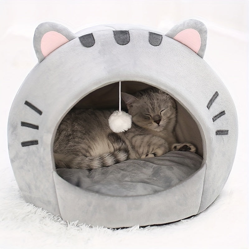 Polyester fiber cat bed with cushion and small tent for indoor pets.