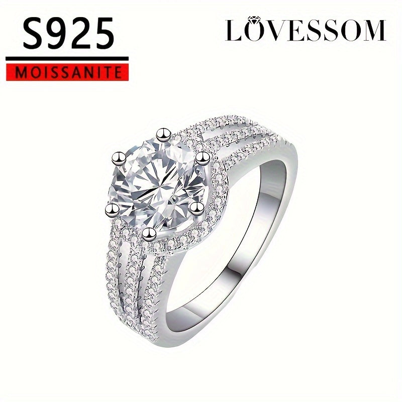 925 Sterling Silver Wide Band Ring with 2/3ct Moissanite, embellished with pave-set Micro Shining zirconia. Ideal for engagement or wedding. A perfect gift for her, presented in a gift box.