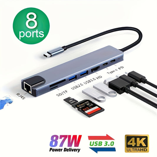 Kichik va portativ USB C hub, 87W quvvat yetkazib berish, Ethernet porti, USB 3.0, SD/TF karta o‘qish, 4K Ultra HD qo‘llab-quvvatlashni o‘z ichiga olgan 8-in-1 xususiyatlari bilan. Sichqoncha, klaviatura, USB disk bilan ishlatish uchun ideal.