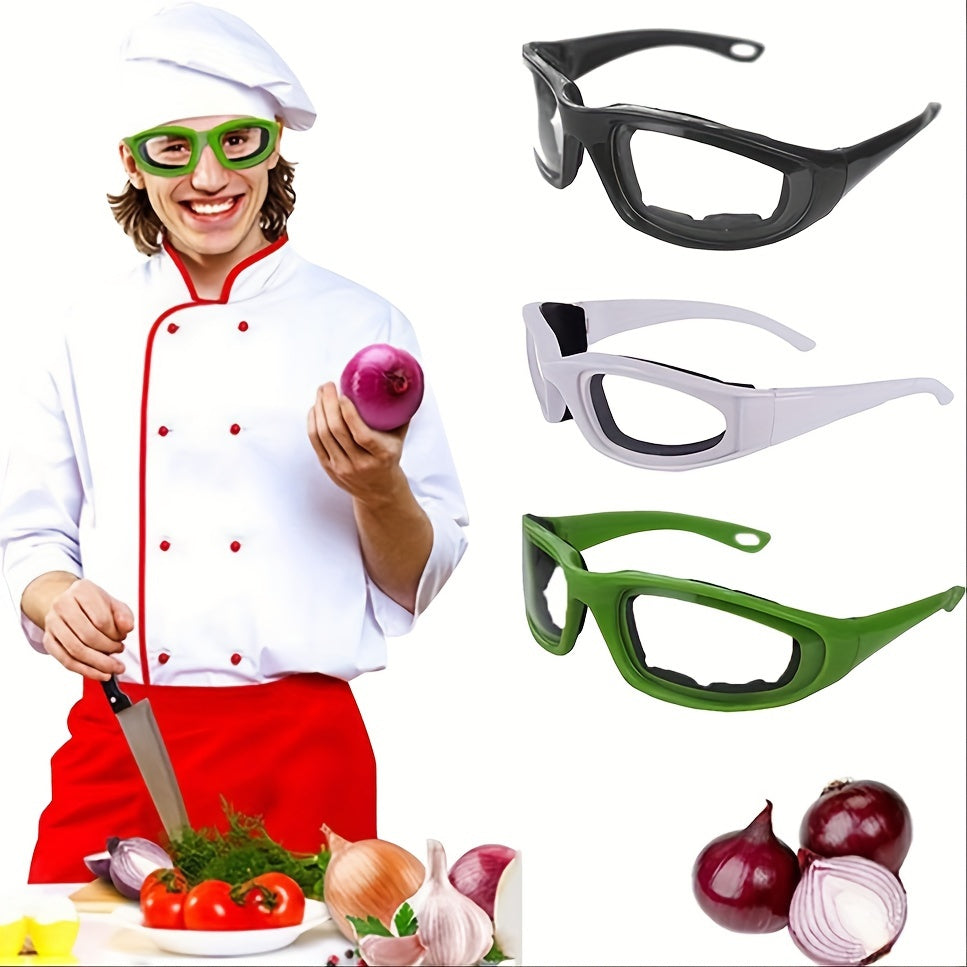 Kitchen Onion Cutting Goggles designed to protect eyes during chopping, made from anti-spicy material and splash-proof coating. Suitable for use in the kitchen to guard against eye irritation. Crafted from food-grade plastic for safety.