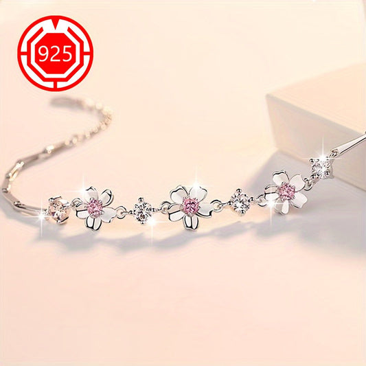 925 Sterling Silver Cherry Blossom Bracelet with 18K Gold Plating, Hypoallergenic and Elegant Floral Design - Ideal Gift for Girlfriend, Best Friend, Wedding, or Holidays. Lightweight at 4g, comes with Gift Box for All Seasons.