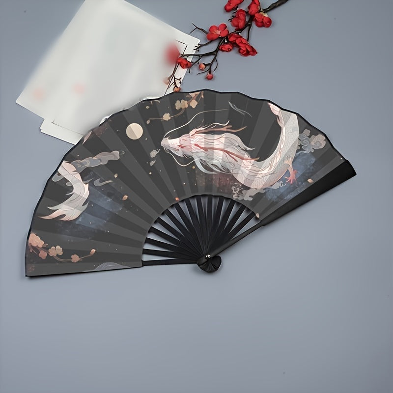 White Dragon Folding Fan - Elegant Chinese Design, Silky Fabric, Perfect for Men's Hanfu and Summer Must-Haves