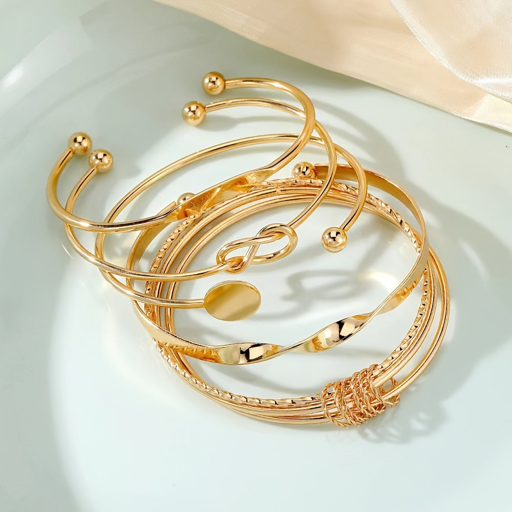 5pcs Vintage open bangle bracelets, spiral knotted geometric golden metallic set for ladies.