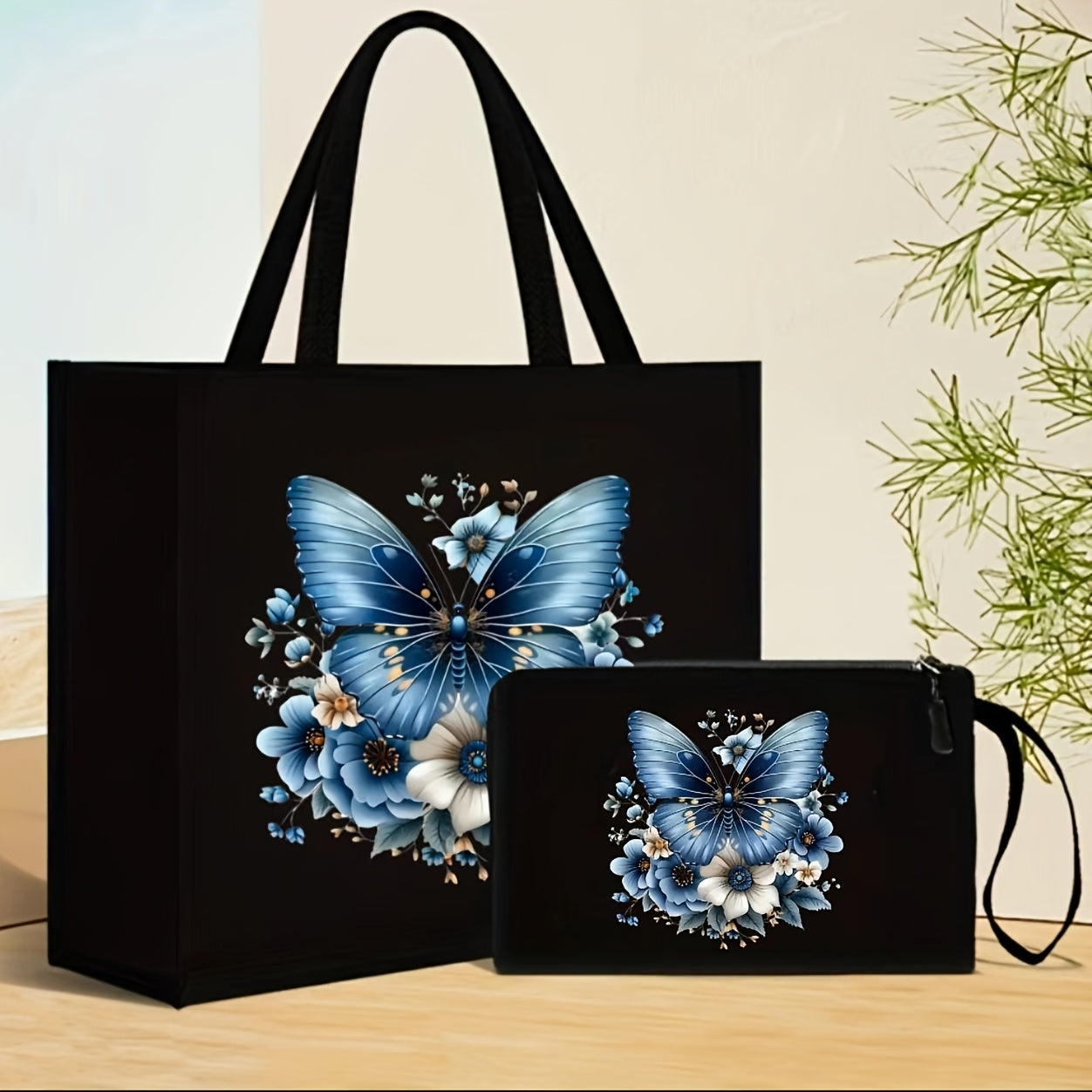 Chic handbag and wallet set featuring butterfly and floral print, durable shoulder strap, magnetic closure, and foldable design for shopping and travel.