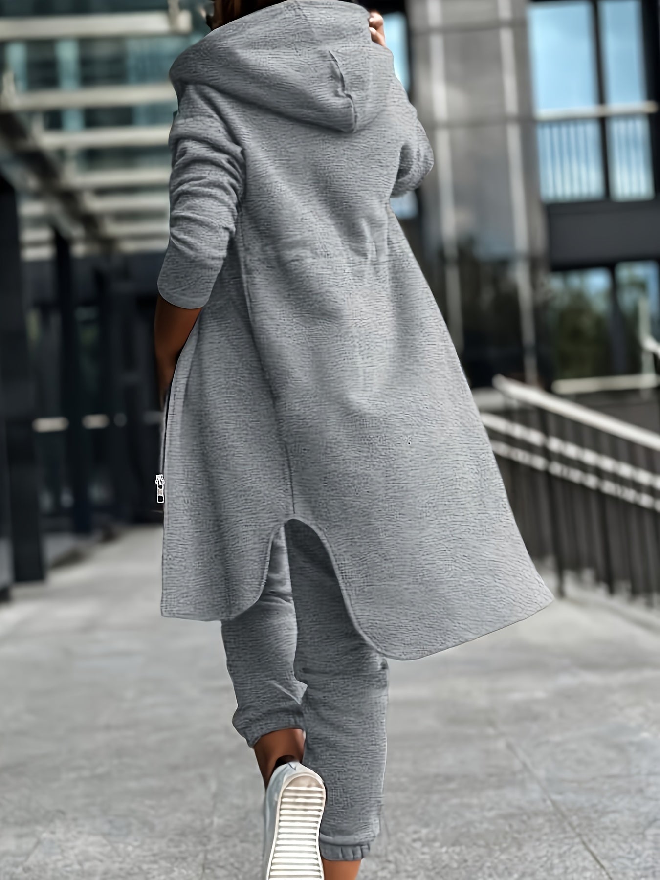 1 Elegant Women's Solid Color Hooded Sweatshirt and Pants Set in Polyester Knit Fabric for Spring/Fall Fashion