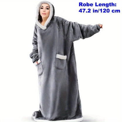 Vintage Blue with White Fur Trim Extra-Long Ultra-Soft Wearable Blanket Hoodie - Cozy Sweatshirt Robe with Pockets for Men & Women - Hypoallergenic and Machine Washable