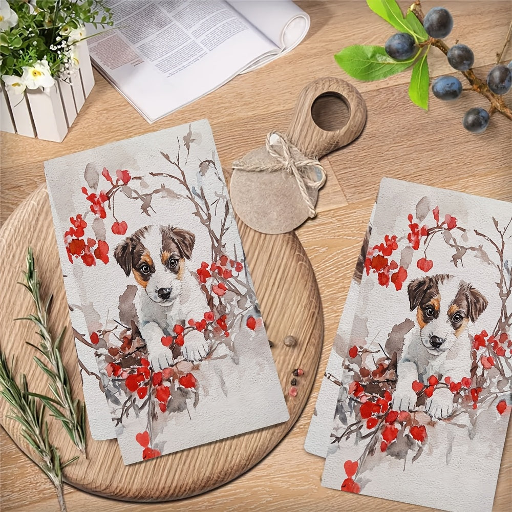 Set of 2 Ultra Soft Kitchen Towels featuring Cute Valentine's Puppy & Red Berries Design, with High Absorbency for Drying Dishes. Machine Washable, Modern Style, 40.64x60.96 cm - Ideal for Holiday Decor and Kitchen Use