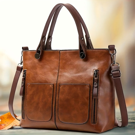 Spacious vintage-style crossbody tote in grey and light brown for women, with retro design, zipper closure, edge oil finish, and ideal for daily use.