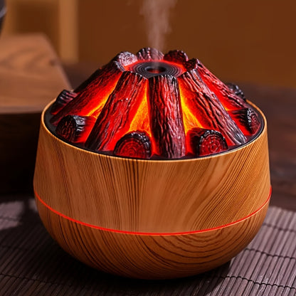 Innovative charcoal-powered humidifier with large mist output and aromatherapy function. USB powered with wooden base and flame effect, perfect for any room type. (Battery not included)