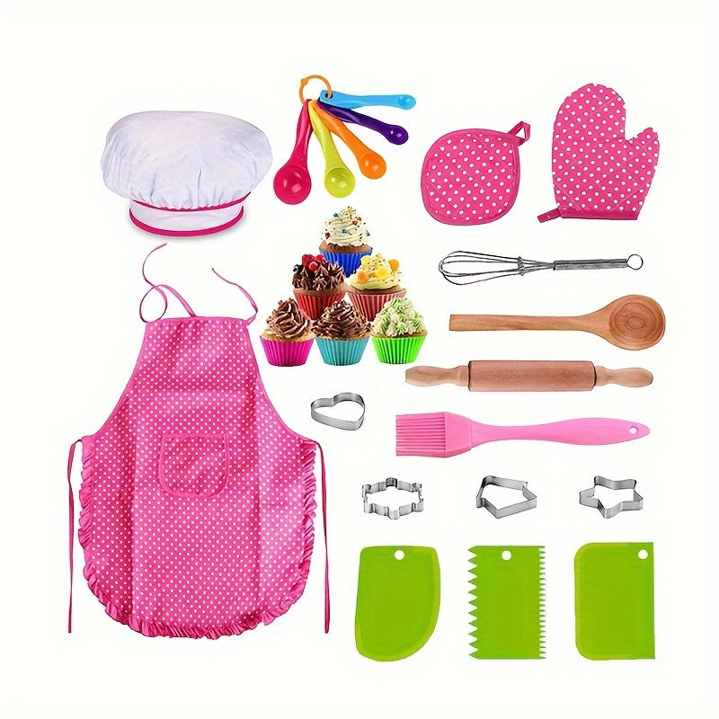 26-piece kids baking set with apron and cake decorating tools made of fabric in mixed colors.