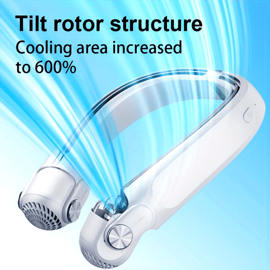 The TOOP Portable Wearable Neck Fan features a Tilt Rotor Structure for adjustable cooling, USB charging, silent operation, and a lightweight plastic design. Perfect for staying cool indoors or outdoors, this easy-to-carry device is controlled with a