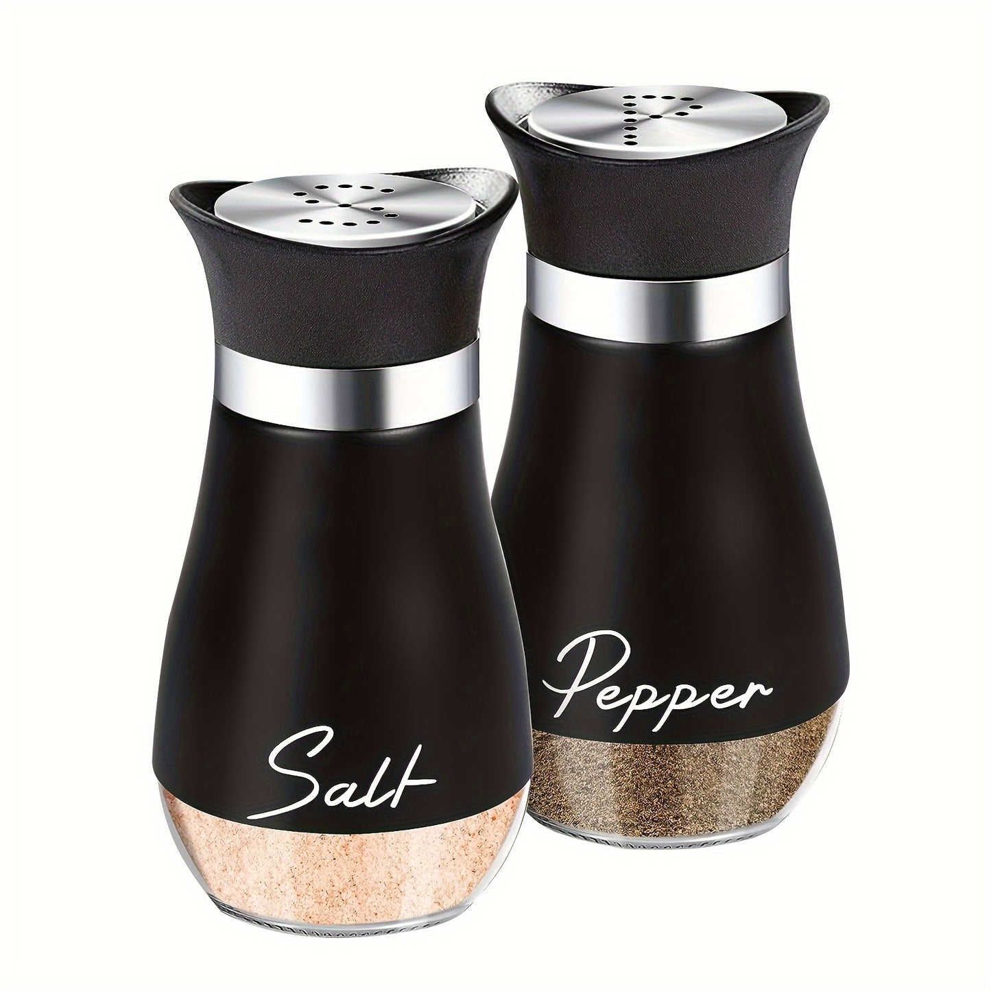 2-piece salt and pepper seasoning bottle set with 4 oz glass jars and stainless steel covers. Perfect for kitchen, dining, RV, camping, and barbecue. Can be refilled. Ideal for kitchen decor and as holiday gifts.