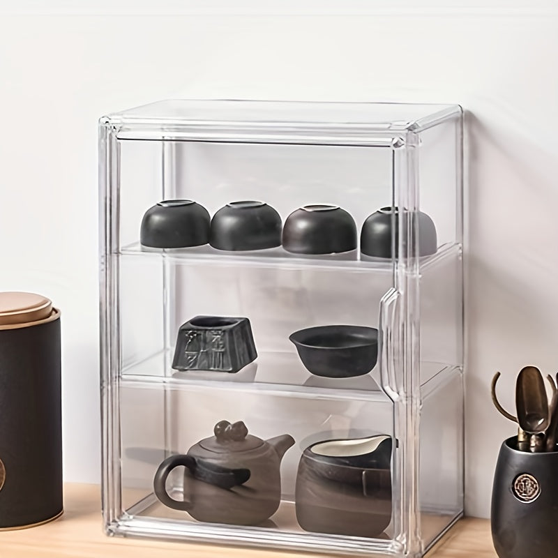 Transparent acrylic display cabinet with dust-proof stacking locker, perfect for home and office. Capacity under 3.2 cubic feet, assembly required.