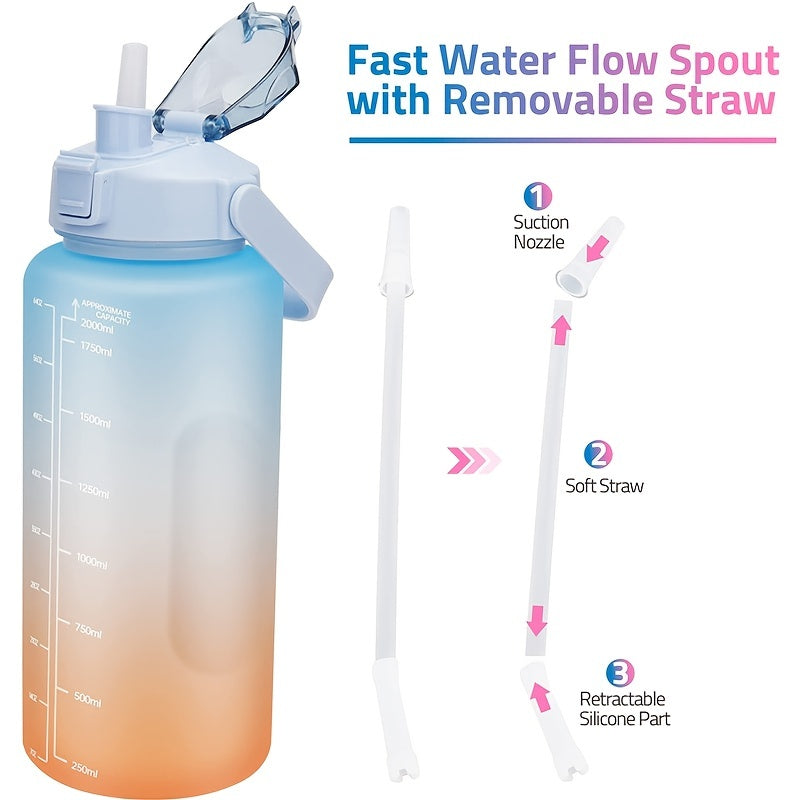 Gradient sports water bottle with 2L capacity, straw and handle, PVC free, lockable lid for climbing and outdoor activities.