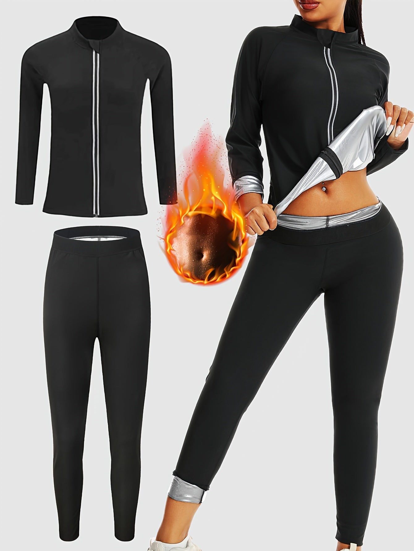 Women's sauna sweat suit set with long sleeve zip-up jacket and pants, high neck, stretchable fit, made of polyester spandex, machine washable. Ideal for enhanced sweating during yoga and