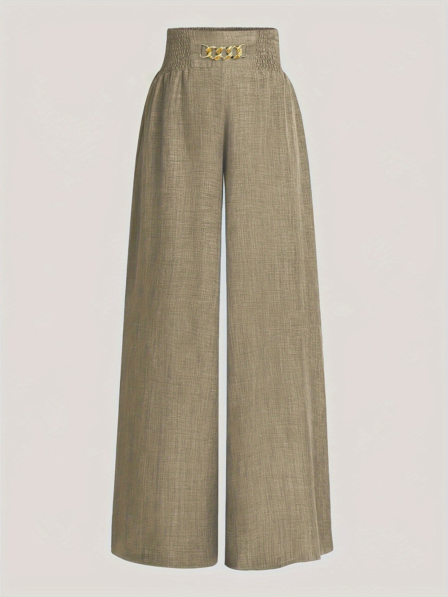 Wide-leg pants with gathered waist in a solid color polyester blend, suitable for all seasons, no stretch.