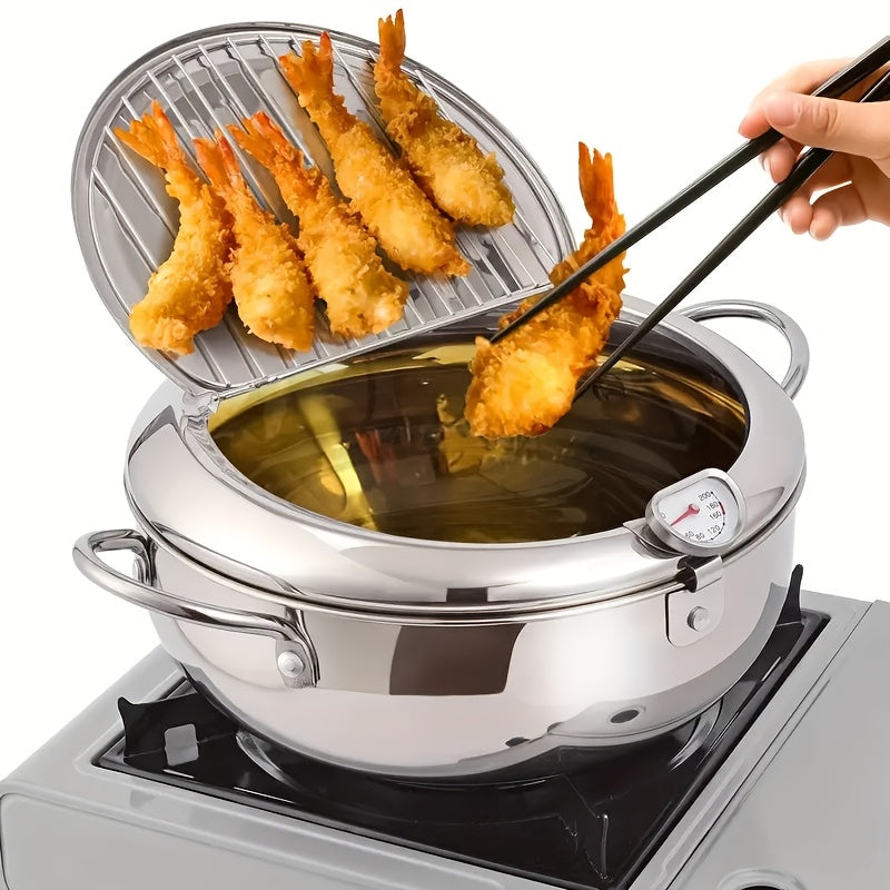 Top Pick: Stainless Steel Deep Fryer Pan with Thermometer - 7.9" Japanese Tempura Cooking Pot for French Fries, Shrimp & Chicken Wings - Compatible with Induction Cooktops, 20cm, Includes Oil Rack and Fish Basket