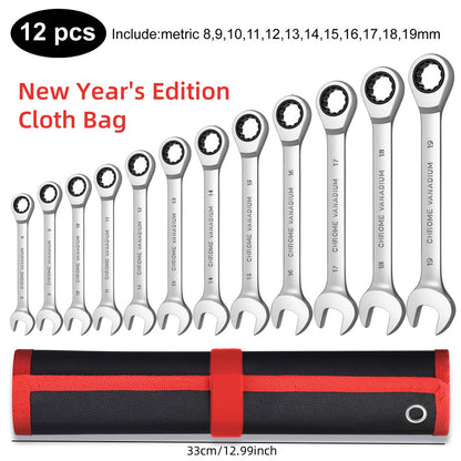 Wrench set with red and black bag, fixed head, ratchet design, open-end and hexagon wrenches, available in 8/9/12 pieces.