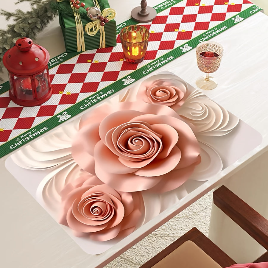 Polyester Kitchen Mat with Festive 3D Rose Design - Anti-Slip, Quick-Dry Tableware Drying Pad - Perfect for Christmas, Halloween, Thanksgiving - Protects Your Home Decor and Desk, Great for Pets