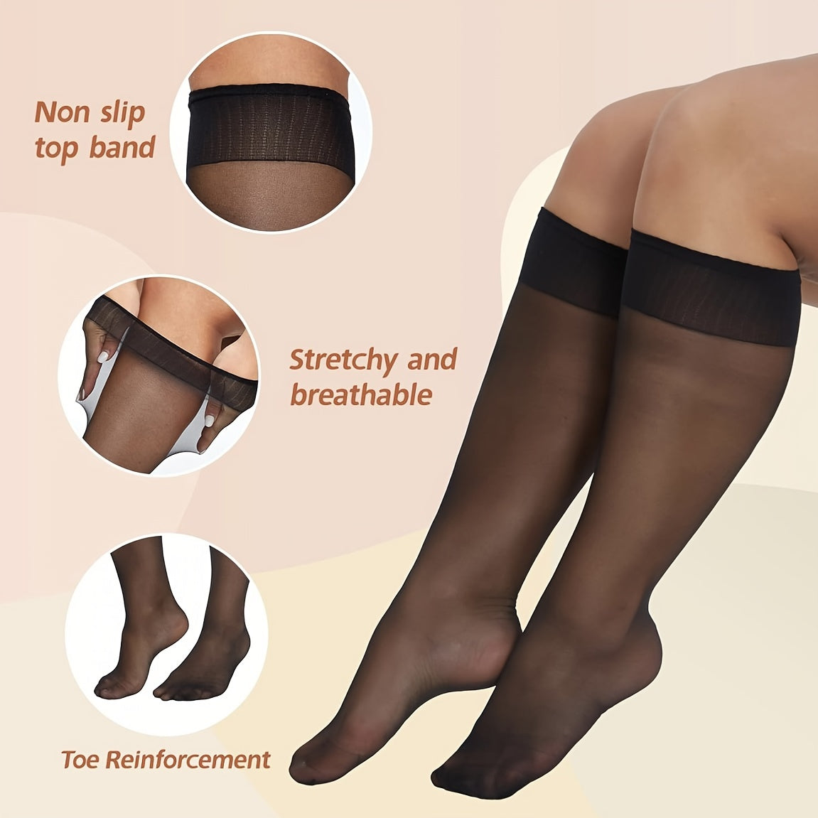 6 pairs of plus size sheer knee high socks for women in black, light brown, and dark brown. Features stretchy ribbed texture and comfortable fit, perfect for everyday wear.