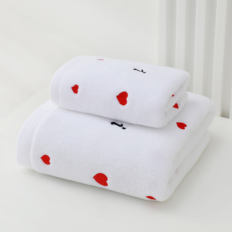 1 Set Valentine's Day Couples Towel, Heart Embroidery Design, Thick Pure Cotton Material, Includes 1 Towel + 1 Bath Towel