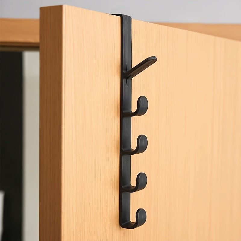 Simple, no-drill over-the-door hook for clothes and hats, with strong adhesive and space-saving design.