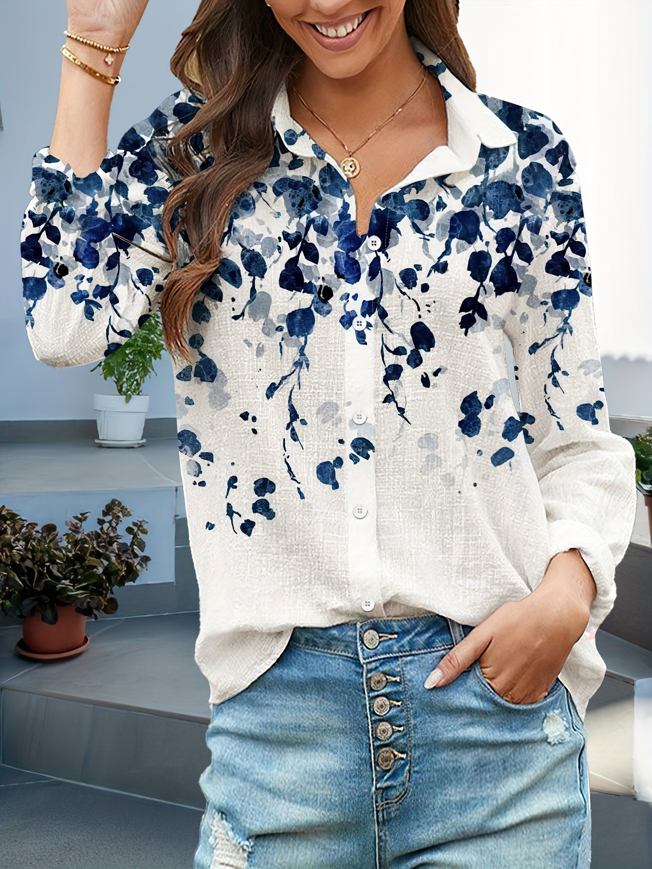 Women's casual long sleeve shirt with 3D digital print, multi-color patchwork, lapel collar, slight stretch, woven fabric - 120g/m².