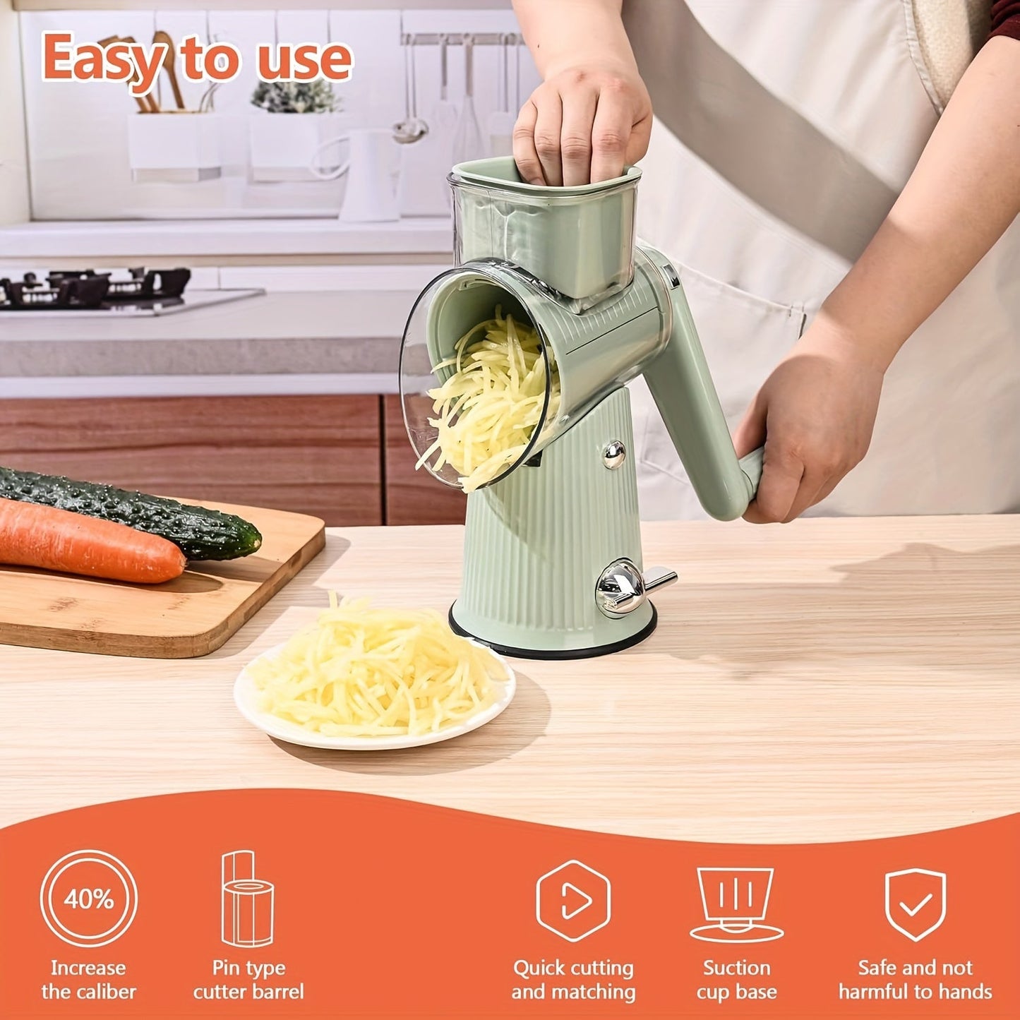 Made of durable plastic, this multi-functional 5-in-1 mandoline vegetable slicer is also a rotary cheese grater, dicer, shredder, and food processor. It comes with interchangeable blades, a safety hand guard, and a convenient storage drawer.