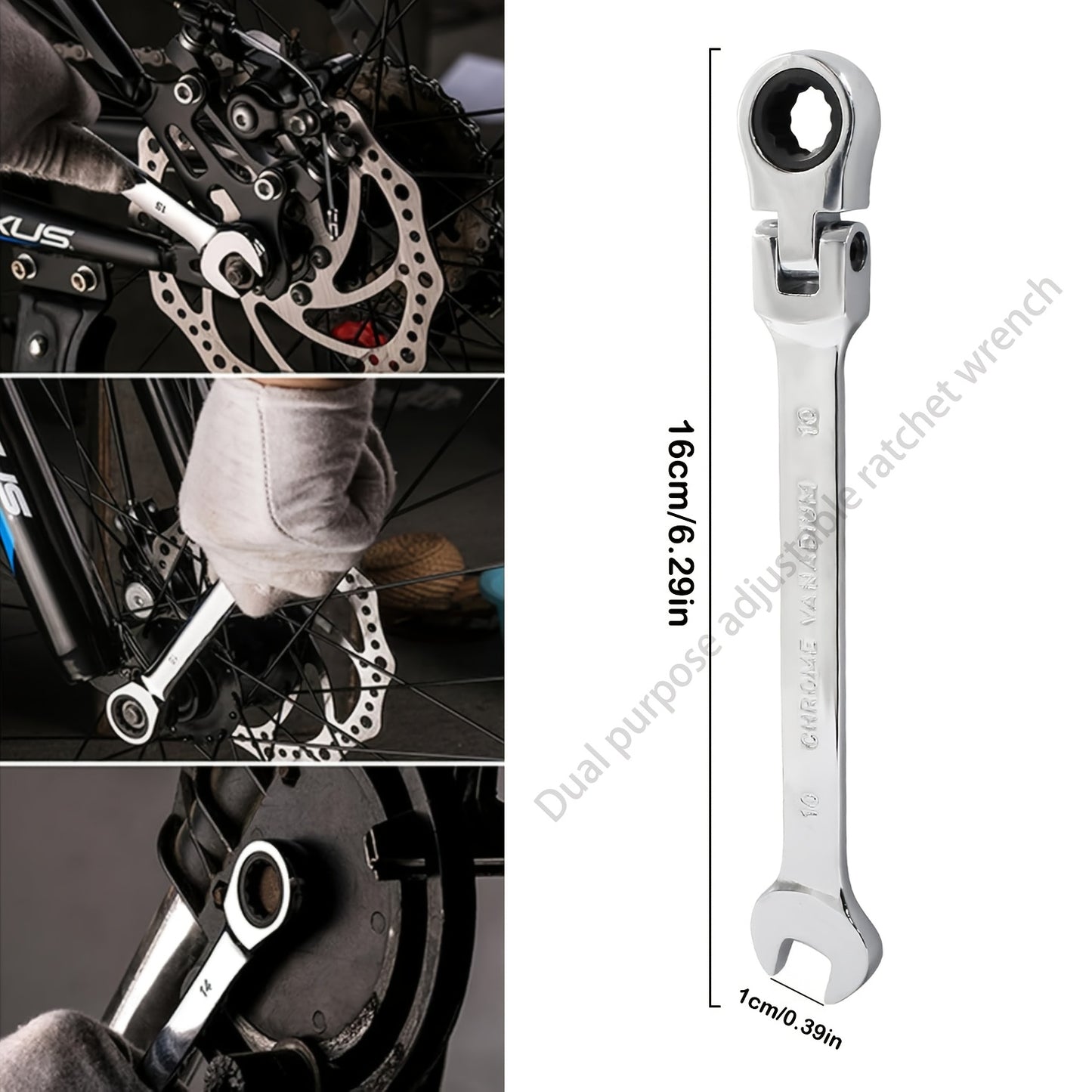 10mm ratchet wrench with adjustable torque and movable head made of durable chrome vanadium steel with ergonomic grip for vehicle maintenance.