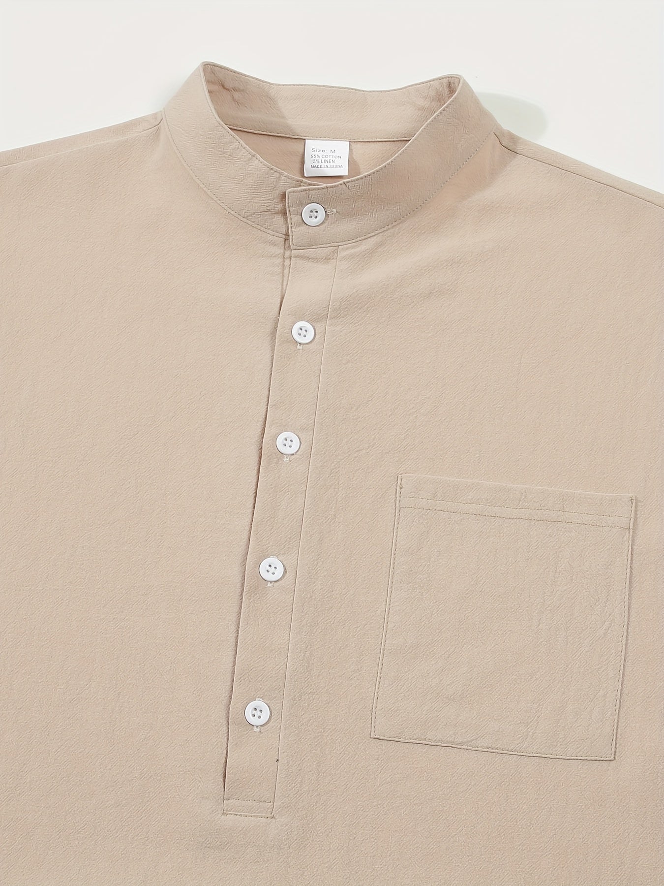 Men's Cotton Linen Henley Shirt with Mandarin Collar, Short Regular Sleeve, and Pocket Detail for Spring Vacation Casual Wear