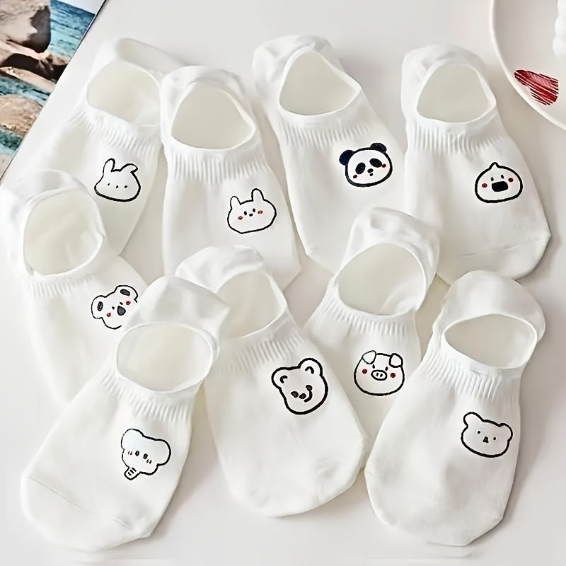 10 pairs of women's white no-show socks with cute animal design, ideal for casual wear.