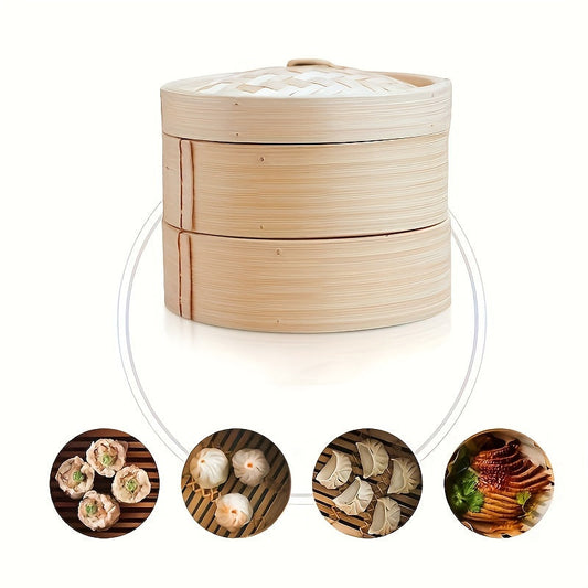 One set includes a three-piece bamboo steamer, each piece measuring 20cm wide. This steamer is perfect for steaming a variety of foods such as dumplings, bread, fish, and meat.