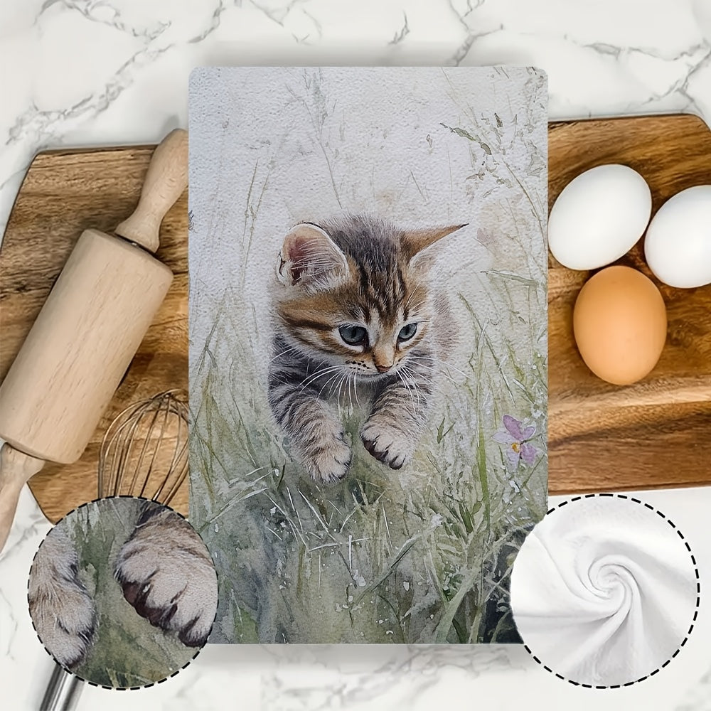 Two ultra soft kitchen towels featuring an adorable kitten in grass design. These towels are highly absorbent, machine washable, and perfect for adding a contemporary coastal touch to your kitchen decor. Each towel measures 40.64x60.96 cm. Perfect for