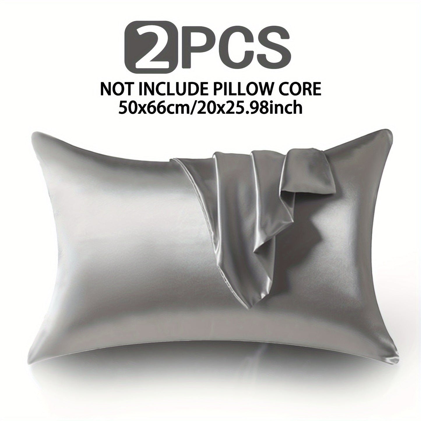 Two pieces of luxurious satin pillow covers measuring 50.8x66.04cm. These covers are silky soft, breathable, and skin-friendly with an envelope closure. They are machine washable and come in assorted colors (inserts not included).