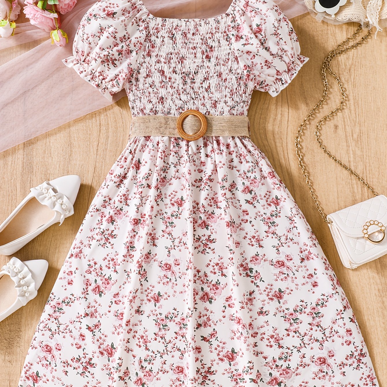 Adorable summer dress for girls with floral print, puff sleeves, and belt - made of lightweight polyester, machine washable - ideal for beach getaways