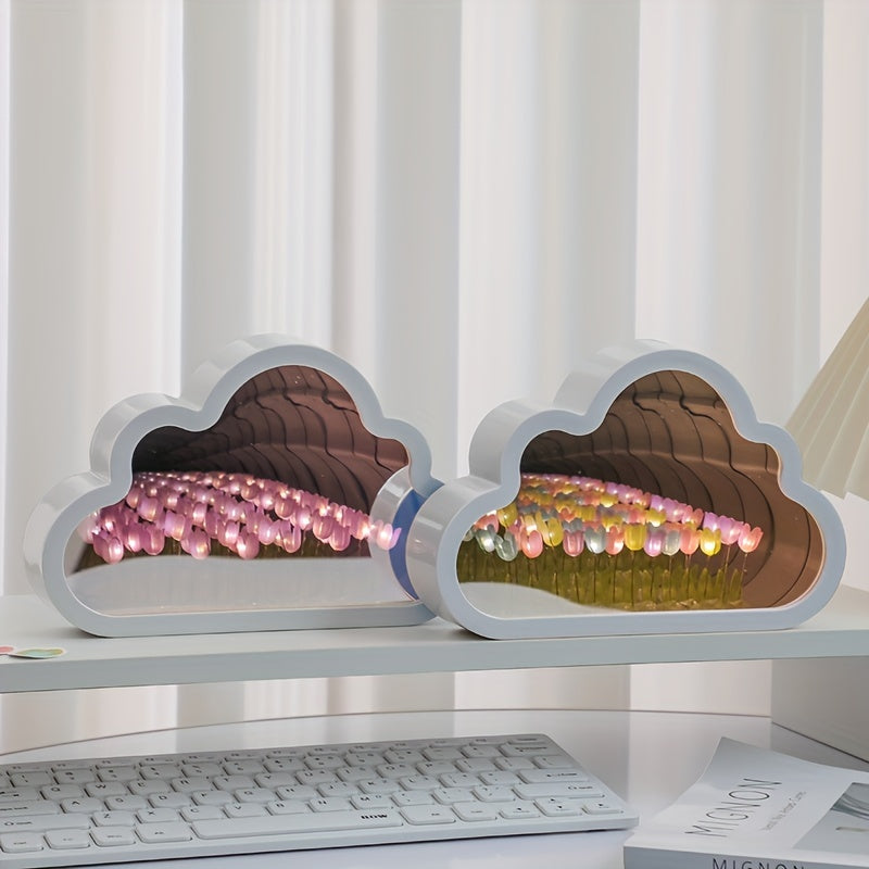 Artistic tulip cloud LED night light with mirror sea effect, handcrafted for cozy bedroom ambiance.