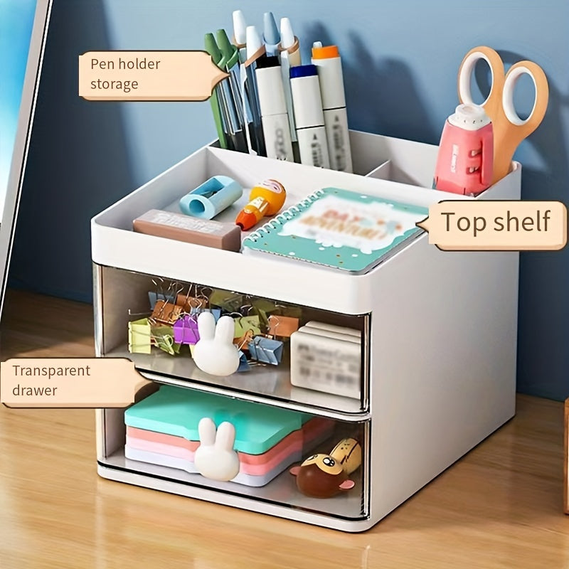 Transparent drawer storage box with rabbit handle, perfect for organizing office supplies, cosmetics, and jewelry.