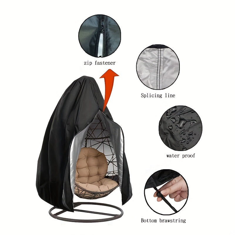 Waterproof and wind-proof black cover for a patio hanging egg chair with zipper and bottom buckle.